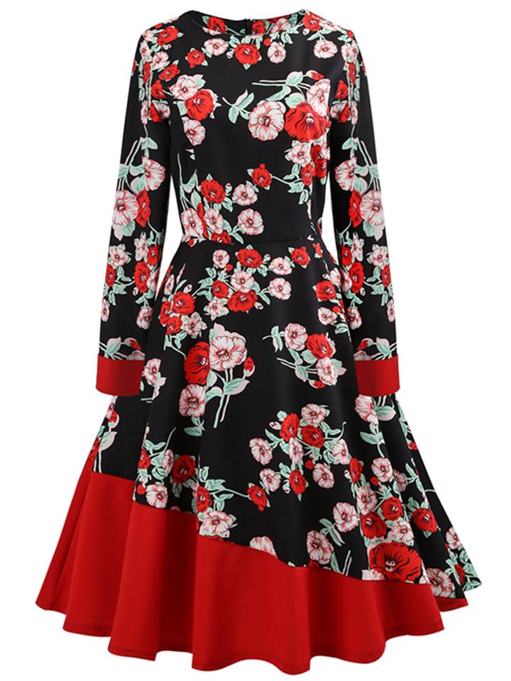 Romwe Floral Print Color Block Zip Up Back Dress