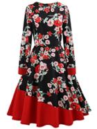 Romwe Floral Print Color Block Zip Up Back Dress