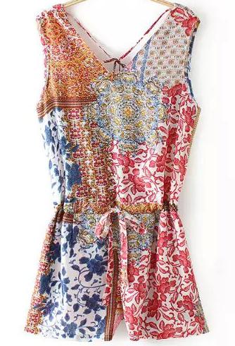 Romwe Red V Neck Sleeveless Floral Drawstring Jumpsuit