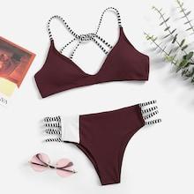 Romwe Striped Straps Top Ladder-cut-out Bikini