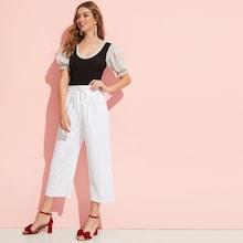 Romwe Drawstring Waist Pleated Solid Pants