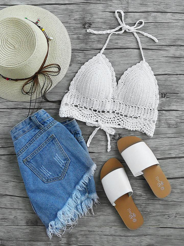 Romwe Hollow Out Crochet Halter Top