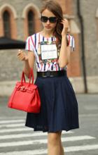 Romwe Vertical Striped Top With Belt A-line Skirt