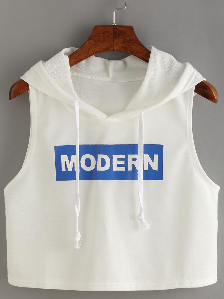 Romwe Letter Print Crop Hooded Tank Top - White
