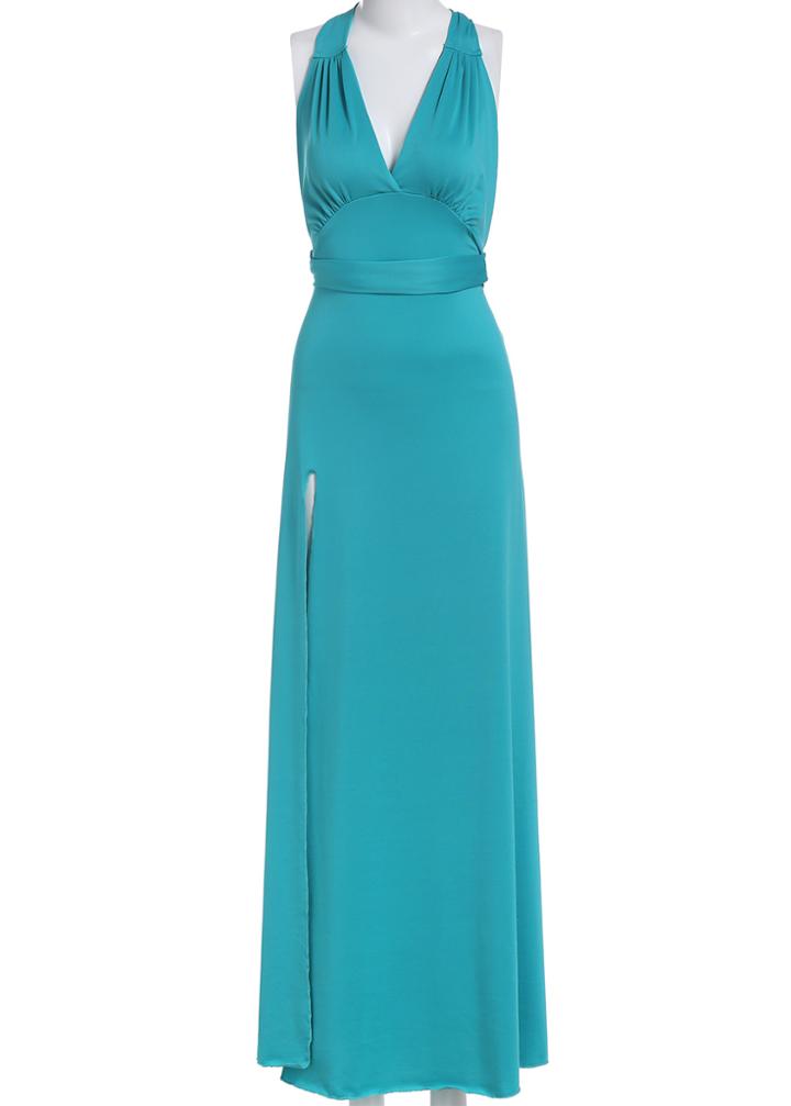 Romwe Halter Cross Back Backless Maxi Green Dress