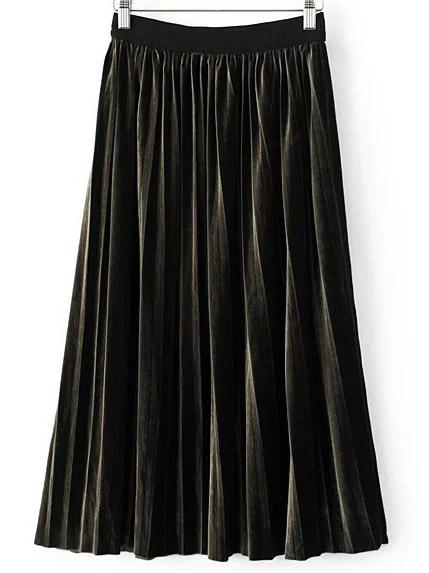 Romwe Dark Green Pleated Midi Velvet Skirt