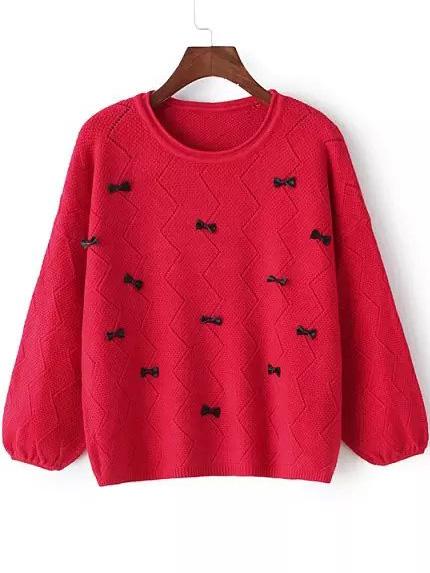 Romwe Round Neck Bow Red Sweater