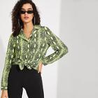 Romwe Neon Lime Curved Hem Snakeskin Shirt