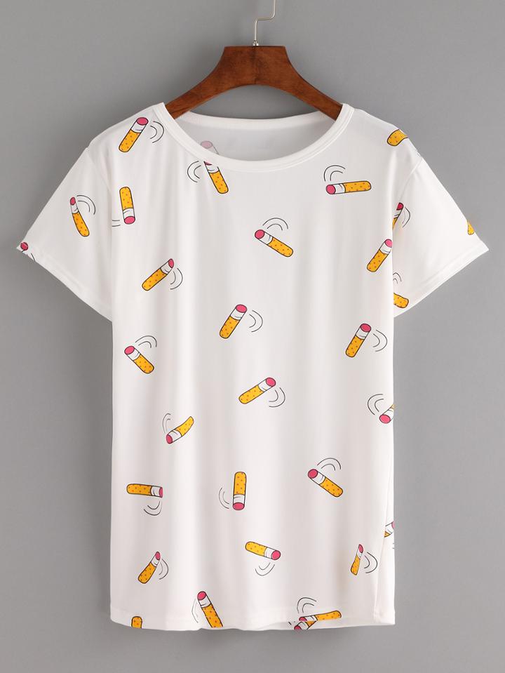 Romwe Cigarette Print T-shirt - White