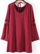 Romwe Bell Sleeve Lace Insert Scoop Back Burgundy Dress