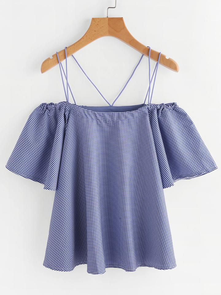 Romwe Open Shoulder Checked Strappy Detail Top