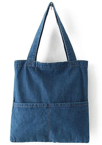 Romwe Navy Pockets Denim Bag