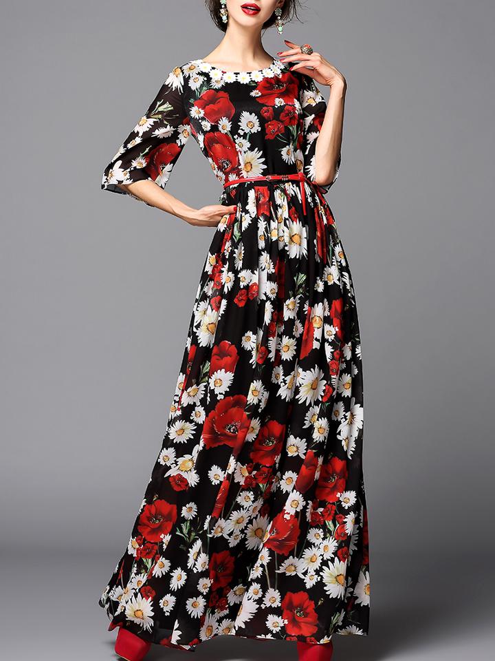 Romwe Multicolor Round Neck Half Sleeve Print Drawstring Dress