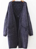 Romwe Navy Hollow Out Drop Shoulder Pocket Long Sweater Coat