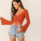 Romwe Drawstring Front Bell Sleeve Crop Top