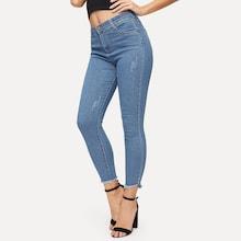 Romwe Stitch Detail Raw Hem Skinny Jeans