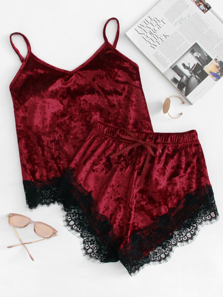 Romwe Velvet Lace Trim Cami Top With Shorts
