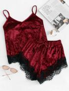 Romwe Velvet Lace Trim Cami Top With Shorts