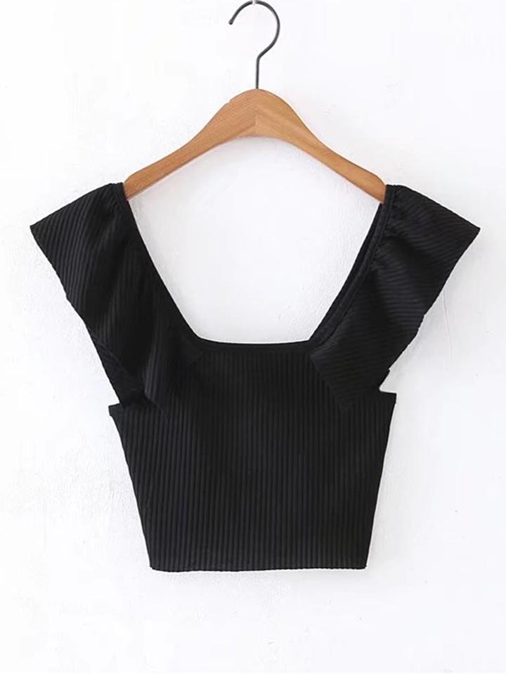 Romwe Square Neck Ribbed Crop Tee