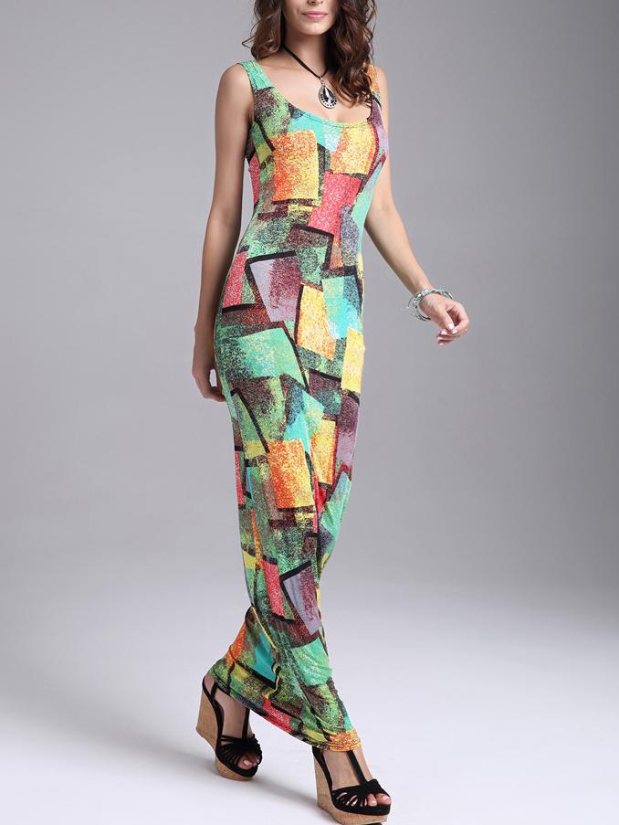 Romwe Scoop Neck Patchwork Print Skinny Dress