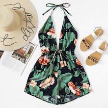 Romwe Deep V Neckline Floral Halter Romper