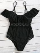 Romwe Black Polka Dot Mesh Design Ruffle One-piece Swimwear