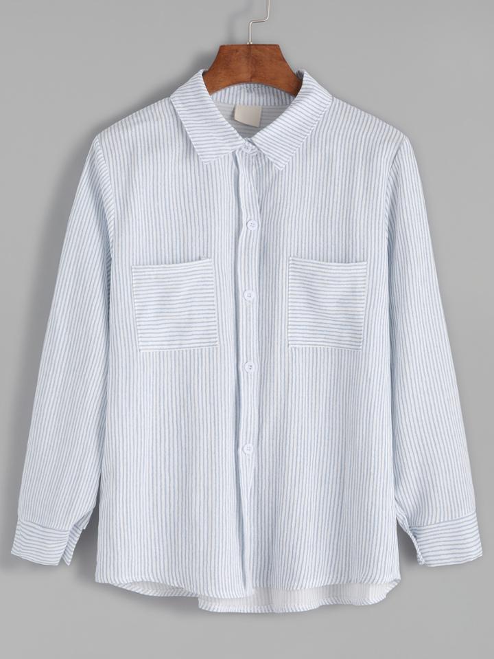 Romwe Pale Blue Striped Pockets Shirt