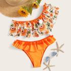 Romwe Random Floral One Shoulder Tiered Ruffle Bikini Set