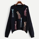 Romwe Letter Pattern Fringe Patched Sweater