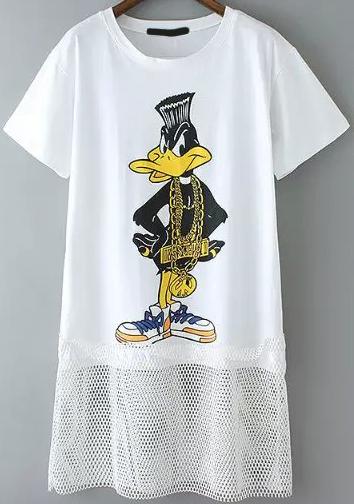 Romwe With Mesh Donald Duck Print White Dress