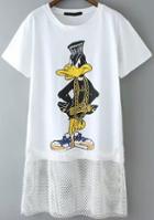 Romwe With Mesh Donald Duck Print White Dress