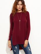 Romwe Burgundy Slit Side High Low T-shirt