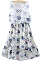 Romwe Flower Print High Low Chiffon Blue Dress