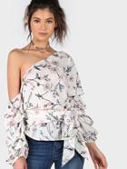 Romwe Florals Asymmetrical Shoulder Puff Sleeve Knotted Top