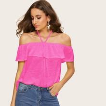Romwe Neon Pink Halter Off Shoulder Ruffle Trim Marled Top