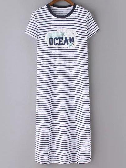 Romwe Navy Striped Letters Short Sleeve Dress