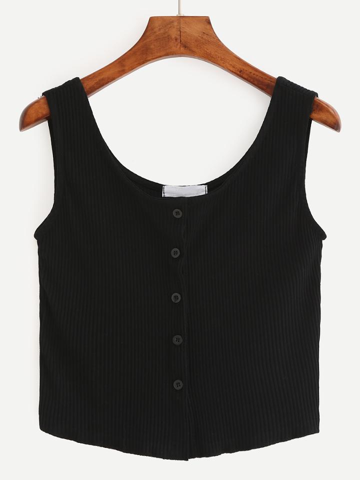 Romwe Buttoned Front Ribbed Knit Crop Tank Top - Black