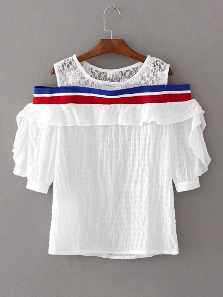 Romwe Open Shoulder Contrast Lace Top