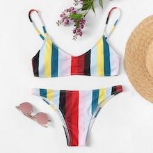 Romwe Striped Print Top With Seam Detail Bikini