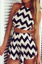 Romwe Criss Cross Back Top With Zigzag Shorts