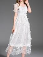 Romwe White V Neck Flowers Applique A-line Dress