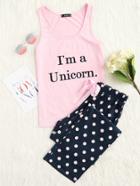 Romwe Letter Print Tank & Polka Dot Pants Pj Set