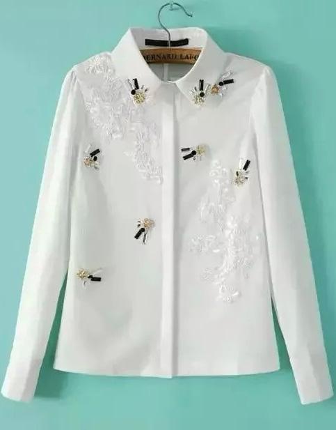 Romwe White Lapel Bead Embroidered Loose Blouse