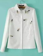 Romwe White Lapel Bead Embroidered Loose Blouse