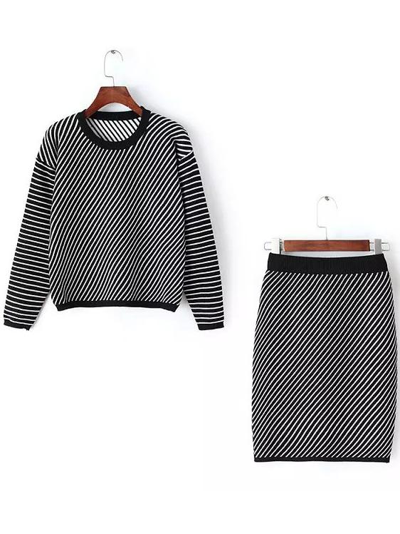 Romwe Long Sleeve Striped Top With Bodycon Black Skirt
