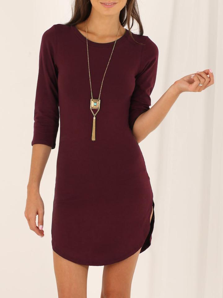 Romwe Wine Red Round Neck Split Casual Dress