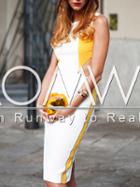 Romwe Beige Yellow Color Block Cut Out Back Sheath Dress