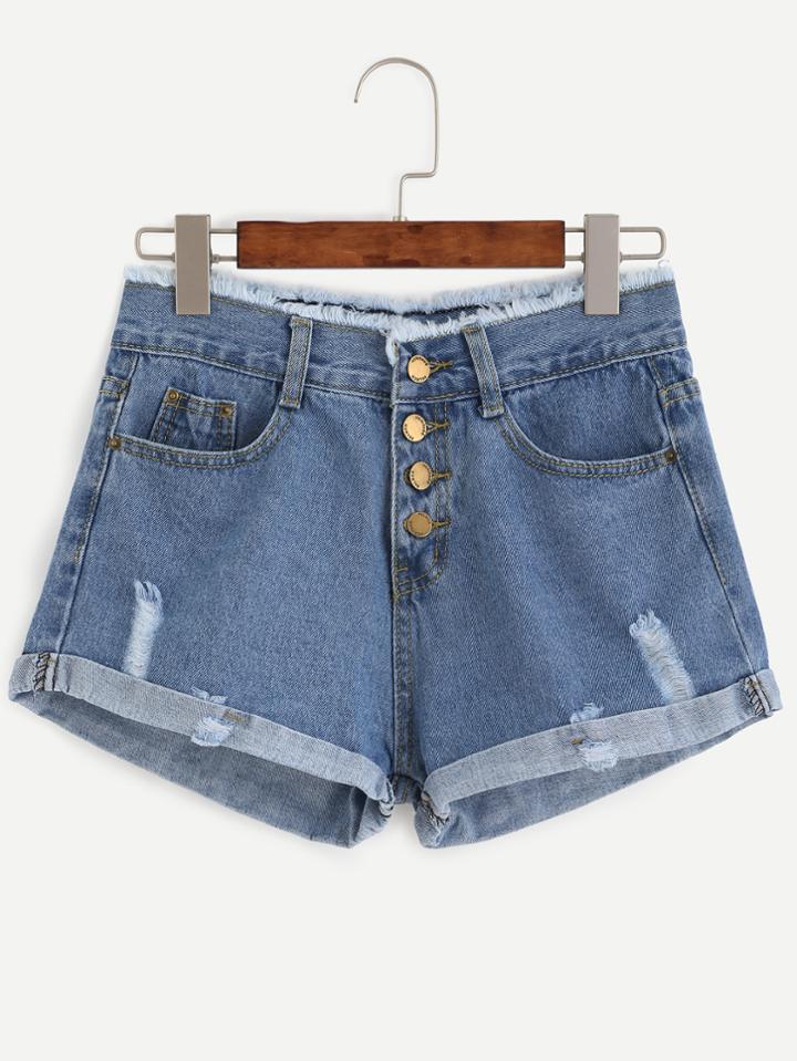 Romwe Blue Button Fly Frayed Roll Hem Denim Shorts