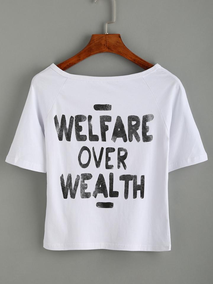 Romwe White Letter Print Raglan Sleeve T-shirt