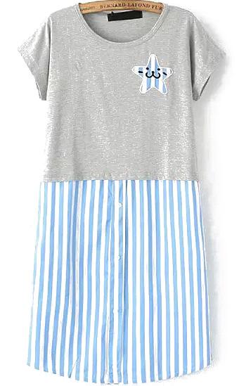 Romwe Contrast Vertical Striped Hem Grey Dress
